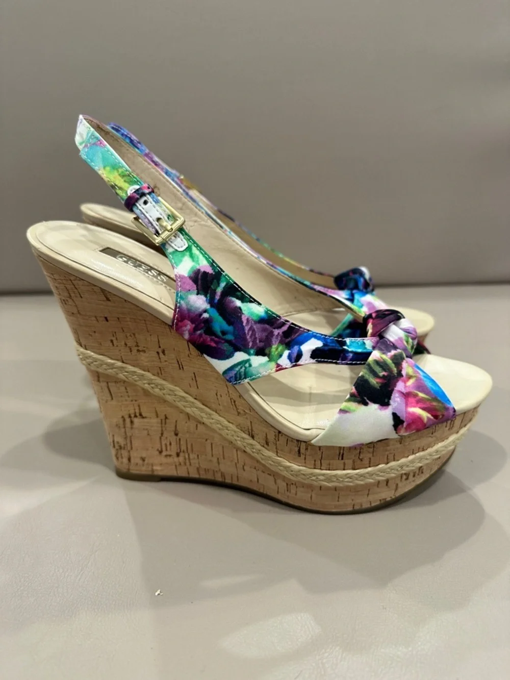 Floral Print Cork Wedge Sandals - Multicolor